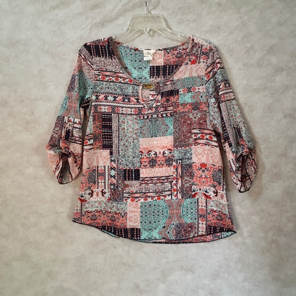 Tavia Patchwork Print Roll Tab Sleeve Keyhole Blouse C2259-2 Coral Aqua Medium